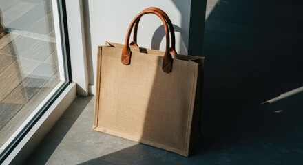 Light-brown jute tote bag on floor by window