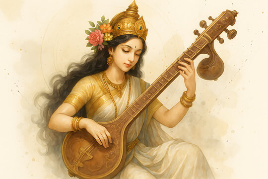 A graceful painting of the Hindu Goddess Saraswati playing the veena with flowers in her hair.