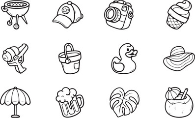 Travel and Summer Essentials Doodle Set – Hat, Camera, Flip-Flops, Swimsuit, Tropical Elements, Vacation Style, Minimal Hand-Drawn Icons