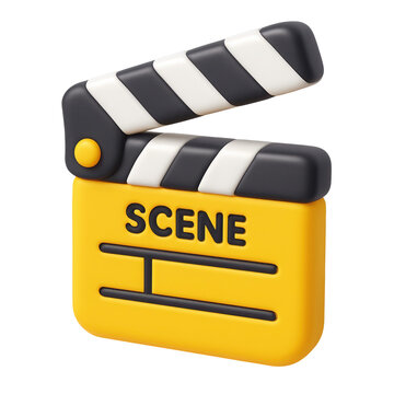 3D Colorful director's clapboard icon representing filmmaking and media production, featuring a scene label and a dynamic visual design on a transparent background.
