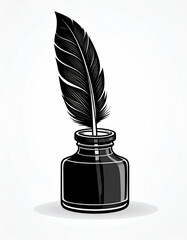 A black-and-white illustration features a classic feather quill resting in an ink bottle, evoking themes of vintage writing and timeless creativity.