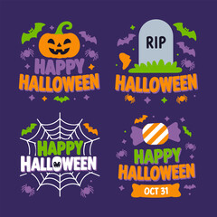 Pumpkin graveyard illustration, happy halloween badge, spider web vector, october celebration, spooky cartoon