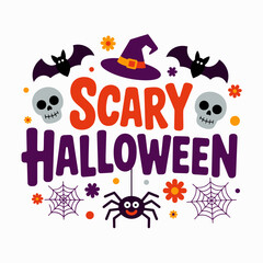 Scary halloween skull and bat, witch hat accent, spider web illustration, festive party vector, spooky celebration