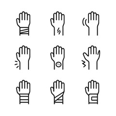 Obraz premium Wrist Injury Icons. Outline icon set of wrist injuries and conditions: sprain, fracture, carpal tunnel, swelling, bruise, cast,