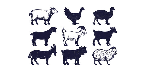 Fototapeta premium Hand-Drawn Farm Animal Ink Illustration Set – Cow, Pig, Chicken, Sheep, Goat, and Duck Vector Collection.