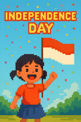 Pixel art of children waving flags during Independence Day parade, colorful outfits, festive street, confetti falling, fun bright colors"
