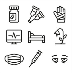 Fototapeta premium Helpless Health Icons. Outline icon set of helplessness in health: pill bottle, broken crutch, bandaged hand, heart monitor