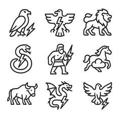 Fototapeta premium Zeus Creatures Icons. Outline icon set of Zeus creatures: eagle, thunderbird, storm lion, lightning serpent, storm giant, cloud