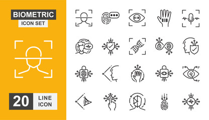 Biometric icon set. Security, fingerprint, identity, password, encryption, accessibility, verification and more line icon.