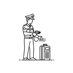 Line art illustration of a security guard scanning a barcode on a suitcase with a handheld scanner.