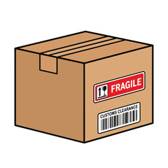 A sealed cardboard shipping box with a red fragile sticker and a customs clearance barcode label.
