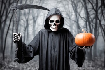 Grim reaper in skeleton mask holding scythe and pumpkin standing in a dark spooky forest