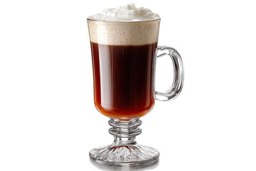 A glass of Irish coffee, topped with whipped cream.  Dark coffee is visible beneath the light cream.  The glass has a footed base and a handle