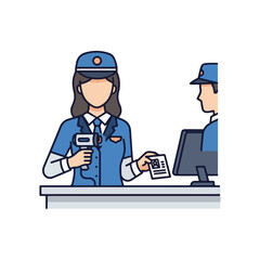 A female security worker scans a QR code with a barcode reader at a counter, with a colleague nearby.