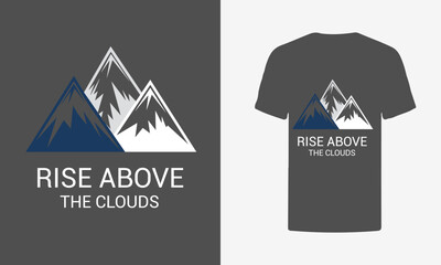 Motivational graphic design of mountains on a dark gray t-shirt.
