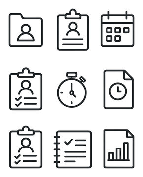 Employee Workflow Icons. Outline icon set of employee workflow: onboarding file, HR form, work schedule, leave