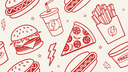Red Line Art of Various Fast Food Items.