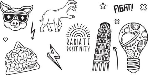  Inspirational Quote Doodle Set – Dinosaur, Tower, Radiate Positivity, Motivation Elements in Sketch Style