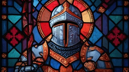 Stained Glass Knight in Armor with Colorful Background Design