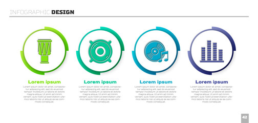 Set Drum, Stereo speaker, Vinyl disk and Music equalizer. Business infographic template. Vector