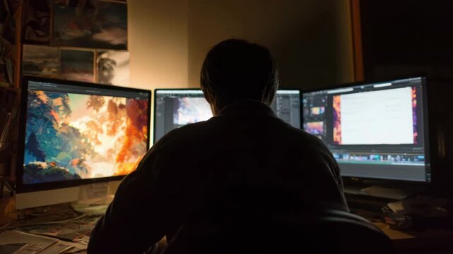 Digital artist creating stunning visuals at modern workstation. Bright computer monitors display, artwork, creativity and skill. Papers tools on desk, creative process. Design, art, artistic draw work