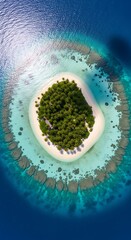 Aerial view of a serene tropical island paradise with vibrant turquoise waters and lush greenery