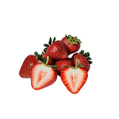 A pile of fresh ripe strawberries one cut in half isolated on transparent background