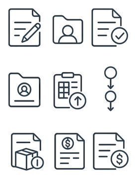 Procurement Icon Set. Outline icon set of procurement workflow: purchase request, vendor file, order sheet,