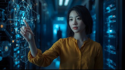 Asian woman interacts with glowing digital data in a server room