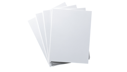 Stack of blank, white sheets of paper.  Stacked, crisp, and clean.  Flat, rectangular.  Several sheets.  High-angle view