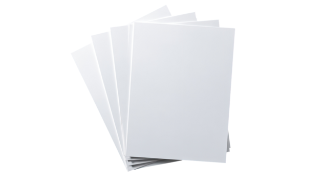 Stack of blank, white sheets of paper.  Stacked, crisp, and clean.  Flat, rectangular.  Several sheets.  High-angle view