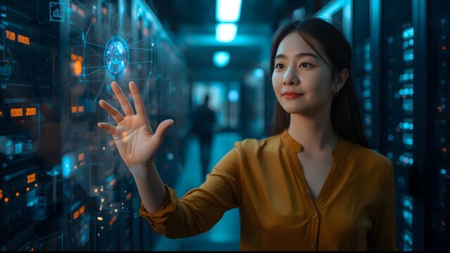 Woman interacting with futuristic holographic data display in server room