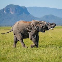 Fototapeta premium Majestic elephant gracefully strides through lush African savanna with mountain backdrop on sunny day