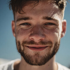 Fototapeta premium Smiling Clean-Shaven Young Caucasian Man in Natural Sunlight – Front View