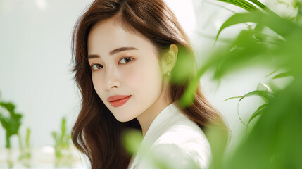 Fototapeta premium Elegant woman with long brown hair in a white outfit surrounded by lush indoor green plants. Soft lighting and natural setting evoke calm and eco-friendly lifestyle appeal.