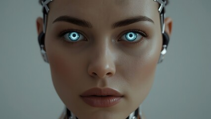 Close up of a realistic humanoid robot with glowing blue eyes