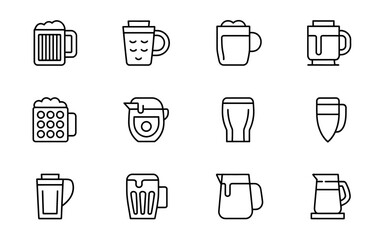 Collection of beer mugs and pitchers silhouette icons isolated on white background