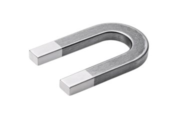 Silver metallic horseshoe-shaped magnet with brushed steel finish showing traditional magnetic tool design, isolated on a transparent background
