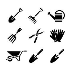 Collection of gardening tools silhouette icons isolated on white background