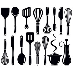 Collection of black kitchen utensils and cooking tools isolated on white background
