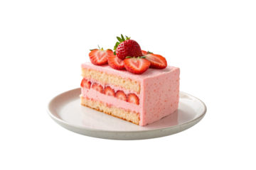 Layered strawberry cake slice with pink frosting and fresh strawberry garnish on white ceramic plate, isolated on a transparent background