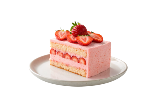 Layered strawberry cake slice with pink frosting and fresh strawberry garnish on white ceramic plate, isolated on a transparent background