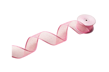 Pink sparkly ribbon on wooden spool unwinding gracefully in flowing curved motion pattern, isolated on a transparent background