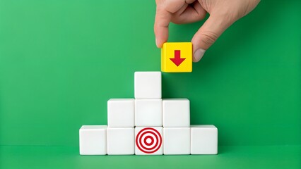 Strategic Placement – Hand Adding Arrow Block to Pyramid with Target Symbol, Business, Conceptual, Strategy, Motivation, Abstract, Green Background