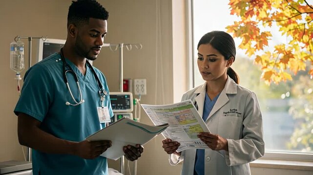Medical Team Reviewing Patient Charts Near Window