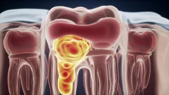 Medical animation of a painful tooth abscess at the root of a molar. Dental, infection, anatomy concept.