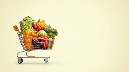 Fresh Vegetables and Fruits in Shopping Cart on Light Background