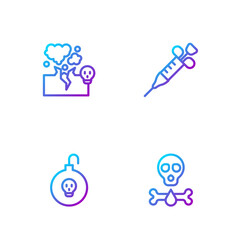 Set line Bones and skull, Nuclear bomb, Poisonous cloud of gas or smoke and Syringe. Gradient color icons. Vector