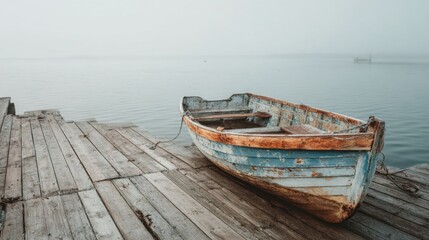 Abandoned Wooden Boat on Foggy Water at Tranquil Dock Setting