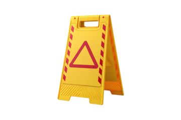 Yellow plastic A-frame caution sign with red triangle warning symbol and safety stripes, isolated on a transparent background